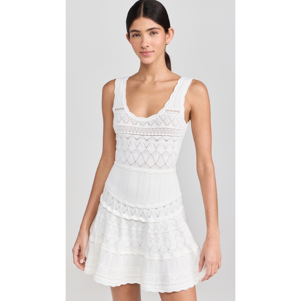 LoveShackFancy Intarsia Knit Tiered Mini Dress White Pointelle Scallop XS